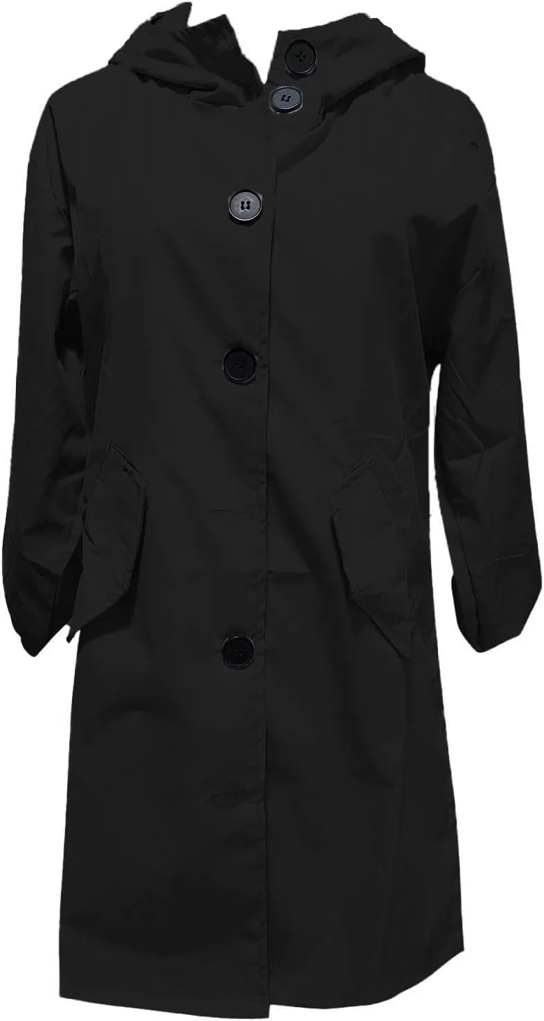 Women Hooded Trench Loose Lightweight Oversized Windproof Rain Jacket Casual Button Long Sleeve Outwear with Pockets