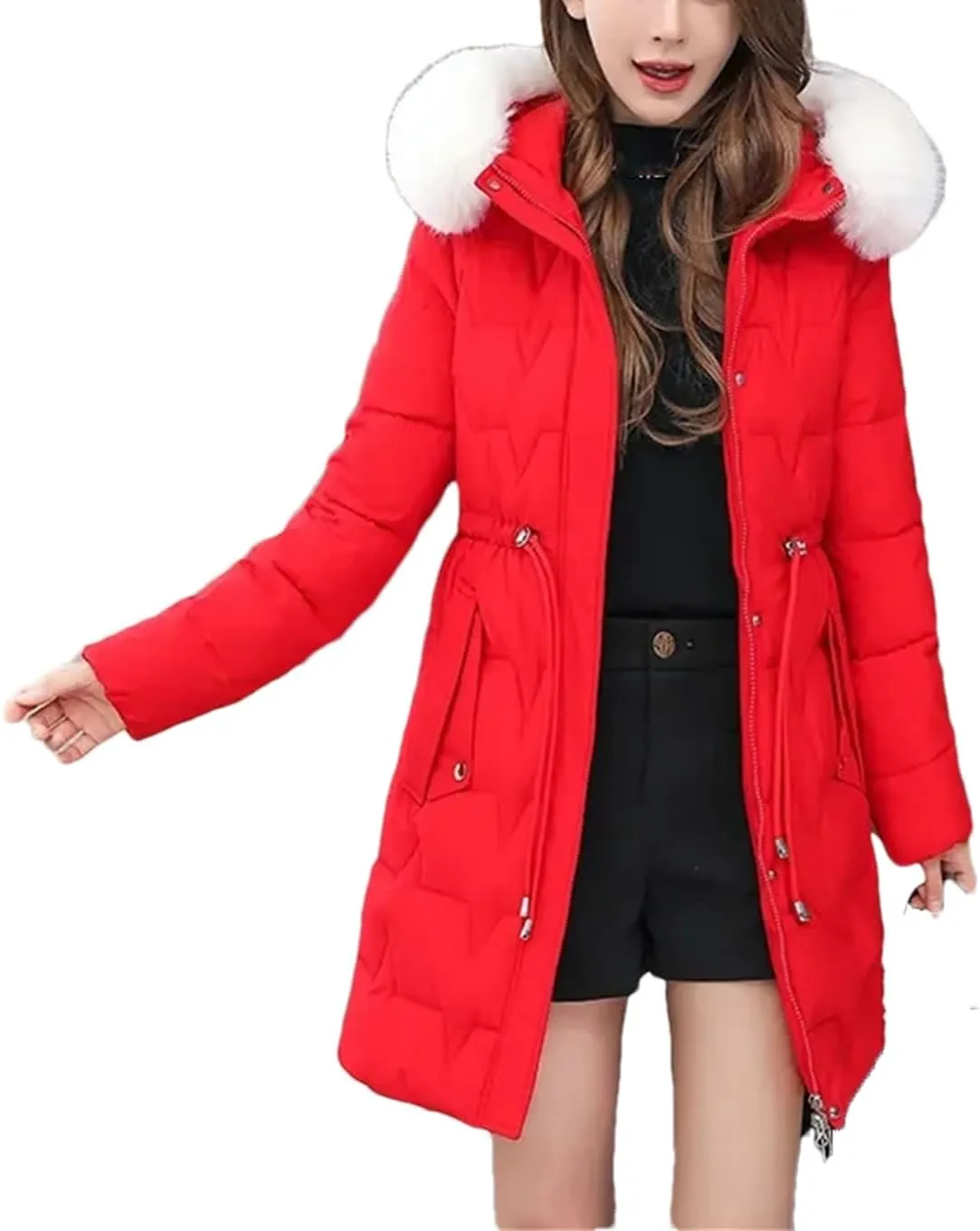 Women Winter Parkas Long Coat Furry Collar Hooded Cotton Padded Puffer Parka Outwear