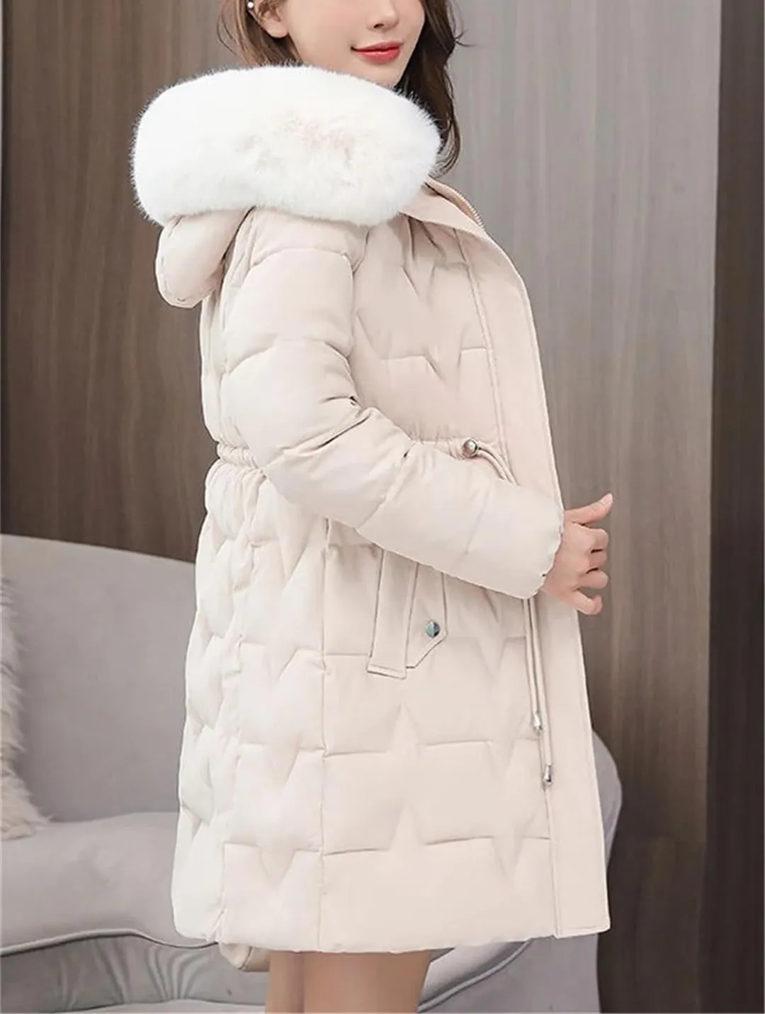 Women Winter Parkas Long Coat Furry Collar Hooded Cotton Padded Puffer Parka Outwear