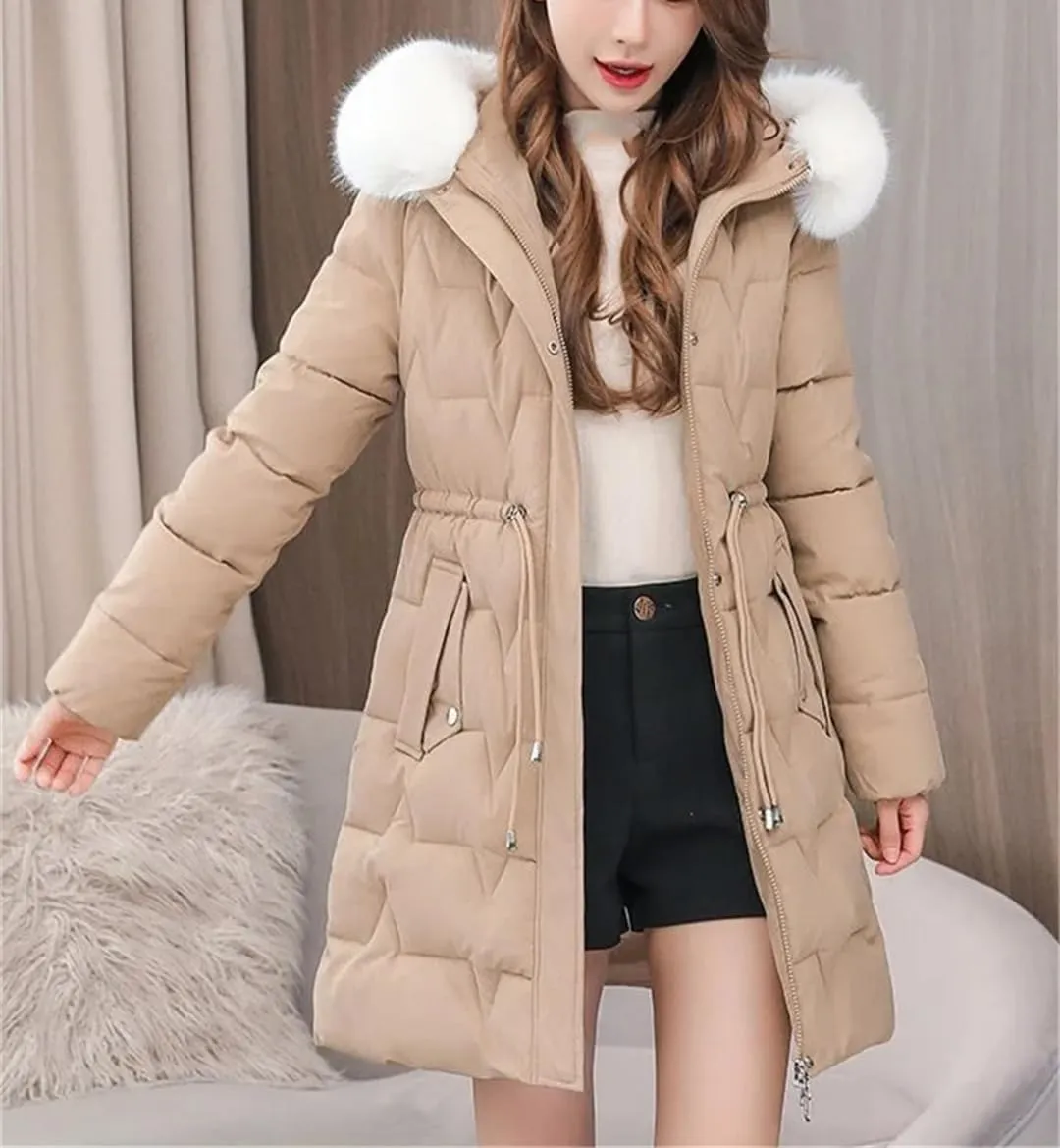 Women Winter Parkas Long Coat Furry Collar Hooded Cotton Padded Puffer Parka Outwear