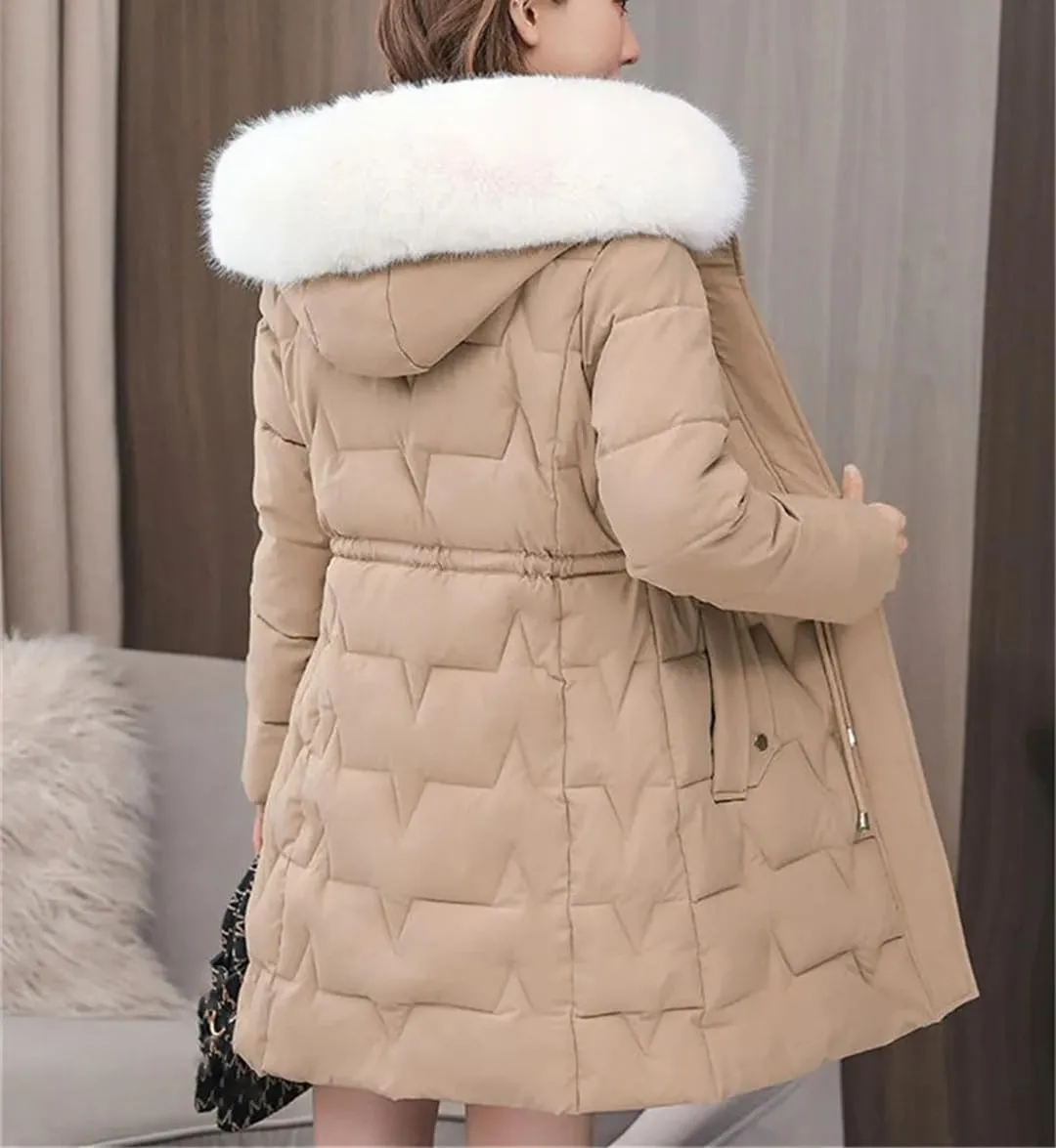 Women Winter Parkas Long Coat Furry Collar Hooded Cotton Padded Puffer Parka Outwear