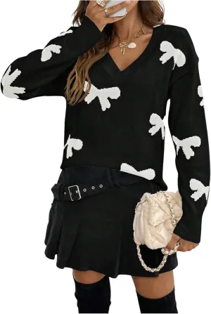 Women's Bow Print Sweaters V Neck Lightweight Sweater Long Sleeve Pullovers Knit Top