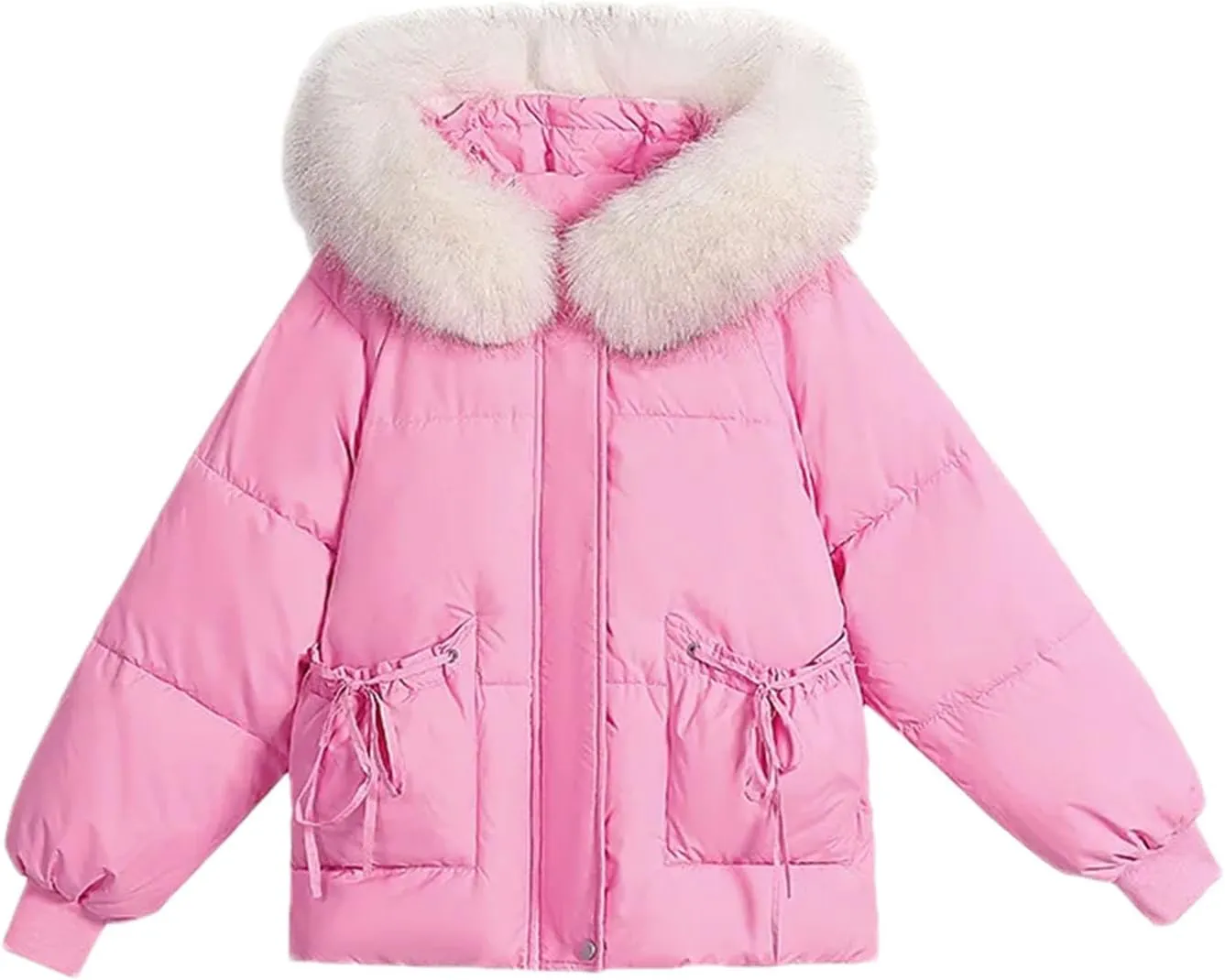 Women's Bowknot Pocket Zipper Parkas Coats Vintage Plush Hooded Cotton-Padded Jacket