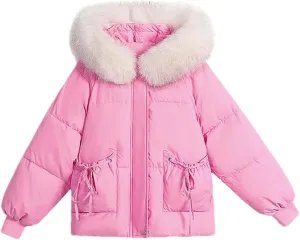 Women's Bowknot Pocket Zipper Parkas Coats Vintage Plush Hooded Cotton-Padded Jacket