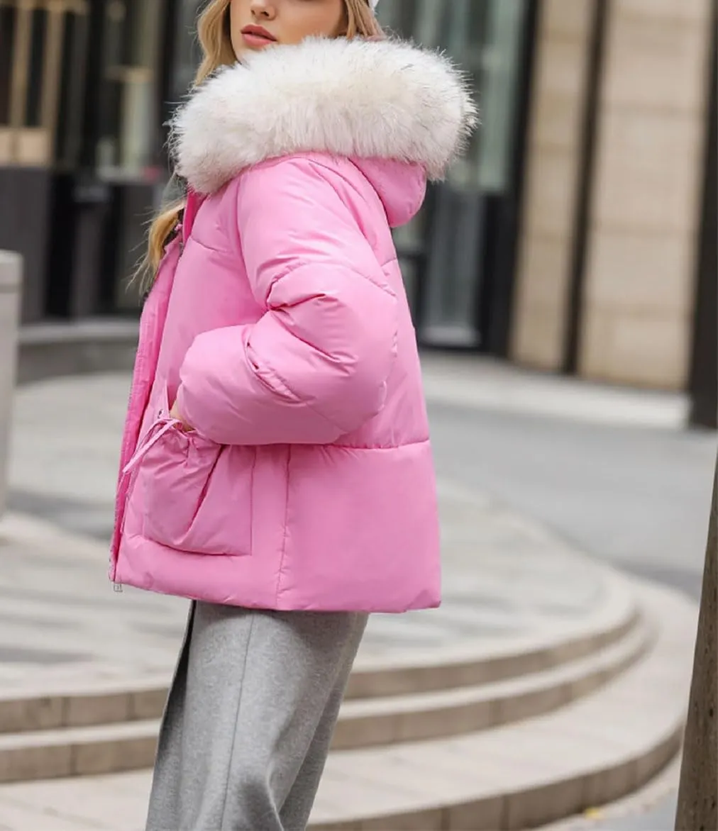 Women's Bowknot Pocket Zipper Parkas Coats Vintage Plush Hooded Cotton-Padded Jacket