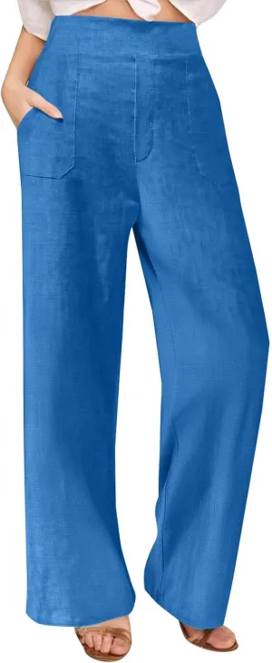Womens Casual Linen High Waist Wide Leg Pants Summer Palazzo Flowy Boho Beach Vacation Lounge Trousers with Pockets