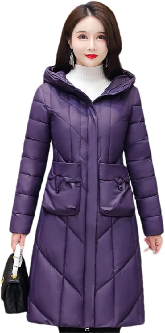 Women's Jacket Long Hooded Elegant Overcoat Solid Color Cotton Padded Coat Warm Outerwear