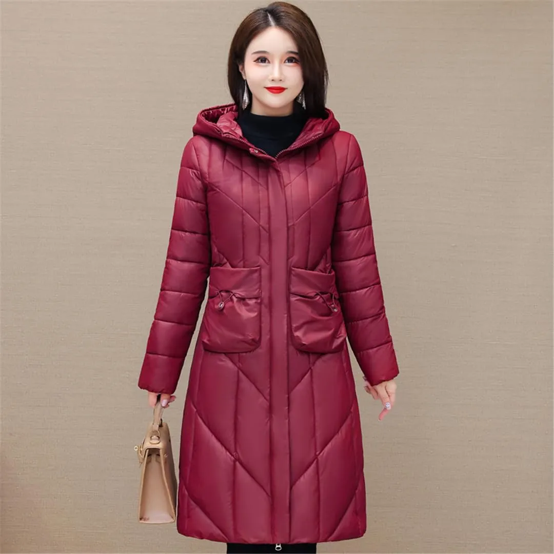 Women's Jacket Long Hooded Elegant Overcoat Solid Color Cotton Padded Coat Warm Outerwear