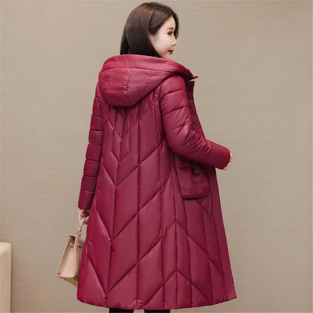 Women's Jacket Long Hooded Elegant Overcoat Solid Color Cotton Padded Coat Warm Outerwear