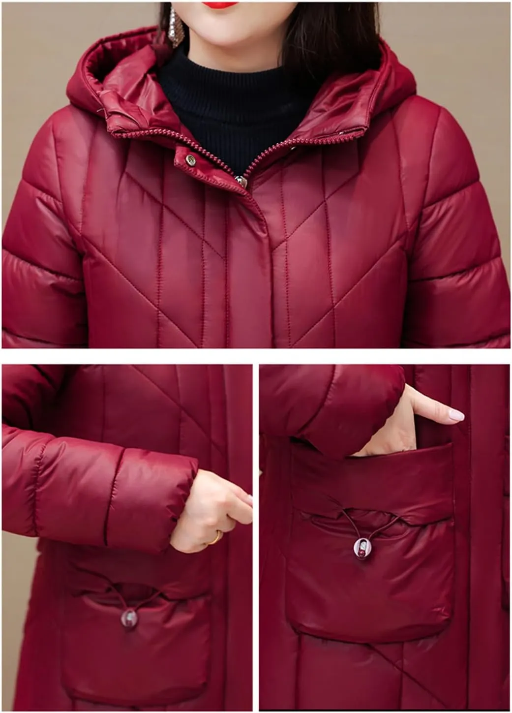 Women's Jacket Long Hooded Elegant Overcoat Solid Color Cotton Padded Coat Warm Outerwear