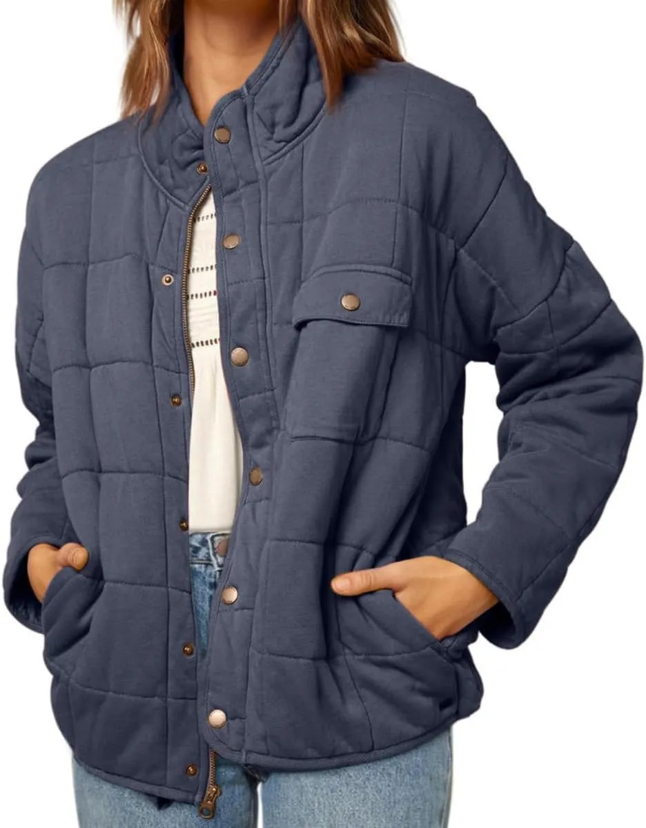Women's Solid Stand-Collar Lightweight Down Coat Long Sleeve Warm Full Zipper Oversized Soft Short Puffer Jackets