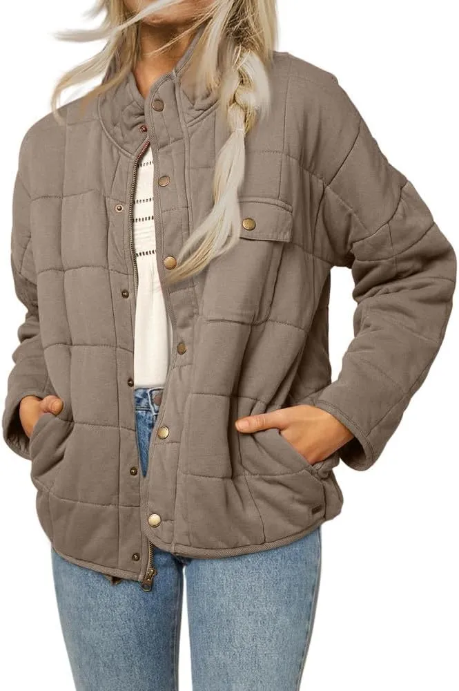 Women's Solid Stand-Collar Lightweight Down Coat Long Sleeve Warm Full Zipper Oversized Soft Short Puffer Jackets