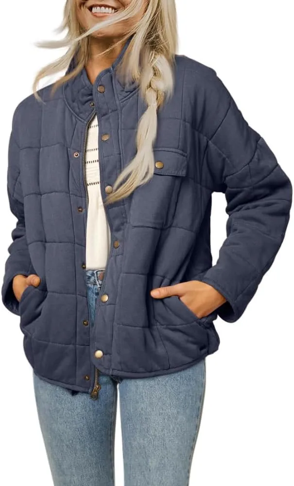 Women's Solid Stand-Collar Lightweight Down Coat Long Sleeve Warm Full Zipper Oversized Soft Short Puffer Jackets