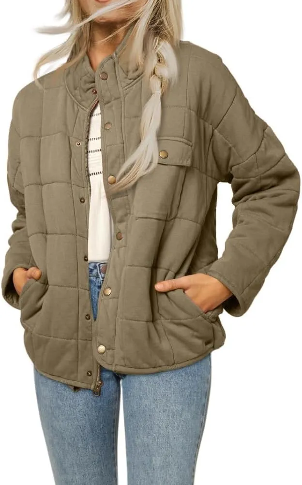 Women's Solid Stand-Collar Lightweight Down Coat Long Sleeve Warm Full Zipper Oversized Soft Short Puffer Jackets