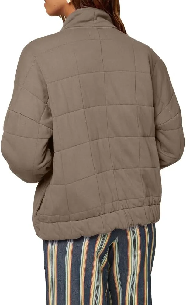 Women's Solid Stand-Collar Lightweight Down Coat Long Sleeve Warm Full Zipper Oversized Soft Short Puffer Jackets