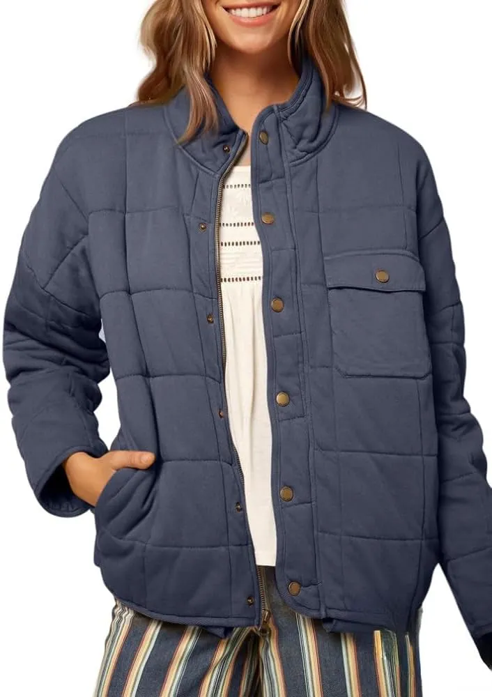 Women's Solid Stand-Collar Lightweight Down Coat Long Sleeve Warm Full Zipper Oversized Soft Short Puffer Jackets