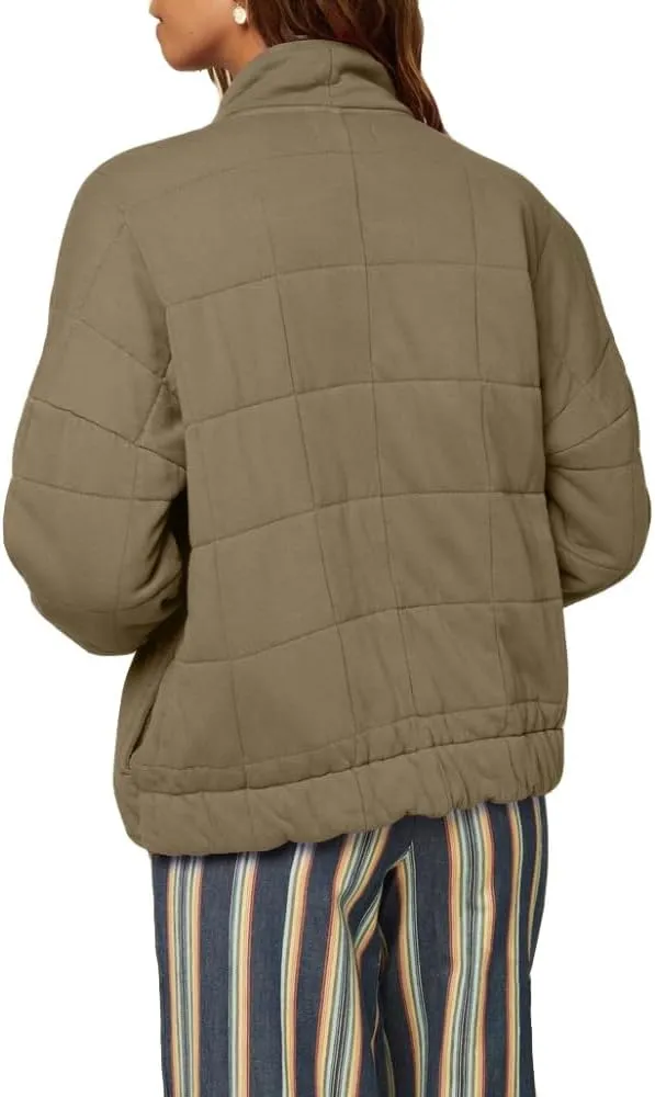 Women's Solid Stand-Collar Lightweight Down Coat Long Sleeve Warm Full Zipper Oversized Soft Short Puffer Jackets