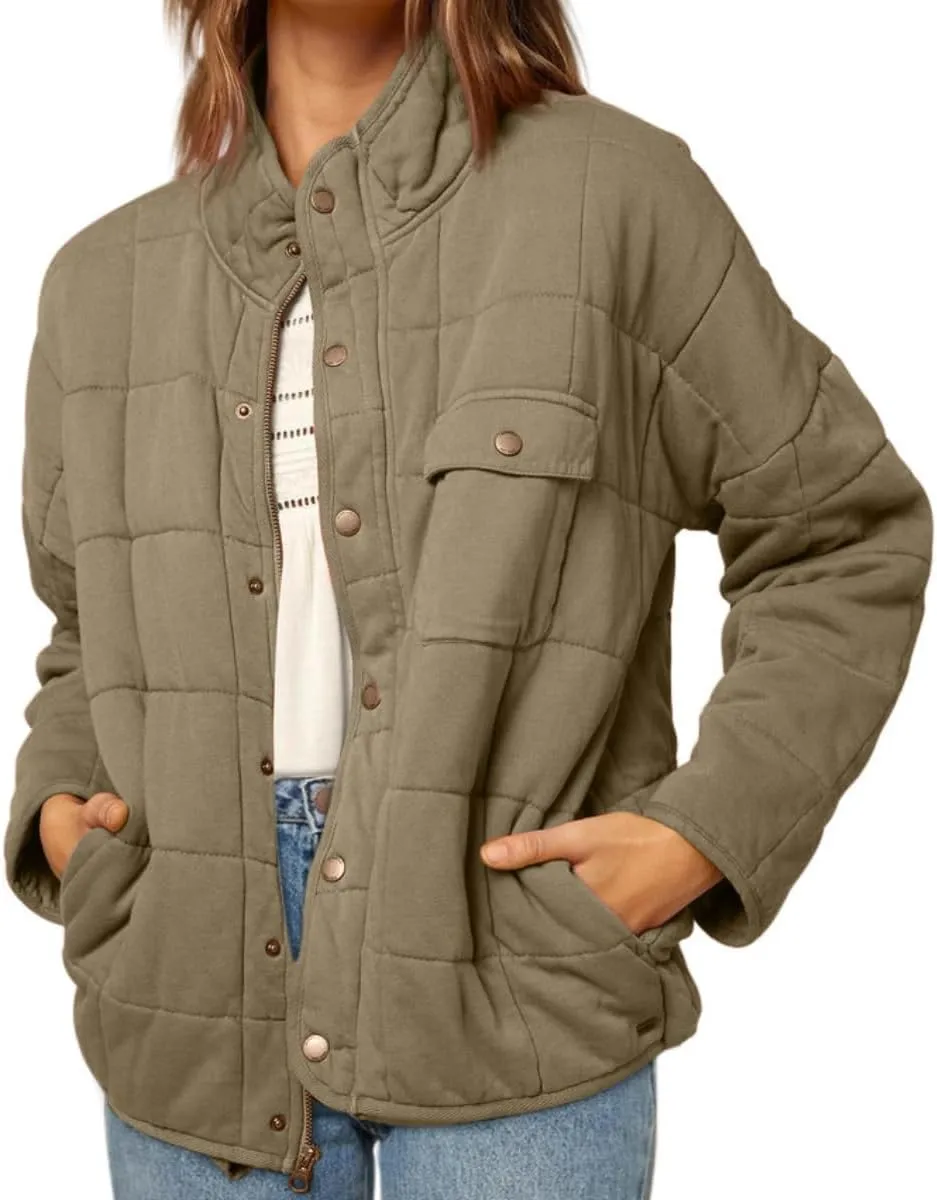Women's Solid Stand-Collar Lightweight Down Coat Long Sleeve Warm Full Zipper Oversized Soft Short Puffer Jackets