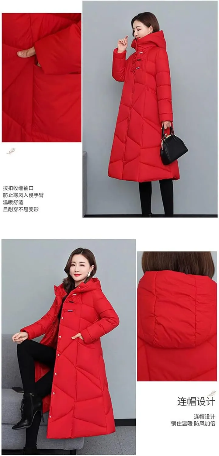 Womens Winter Cotton Padded Coats Long Thicken Warm Puffer Parkas Hooded Down Cotton Coat Padded Overcoat