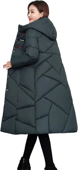 Womens Winter Cotton Padded Coats Long Thicken Warm Puffer Parkas Hooded Down Cotton Coat Padded Overcoat