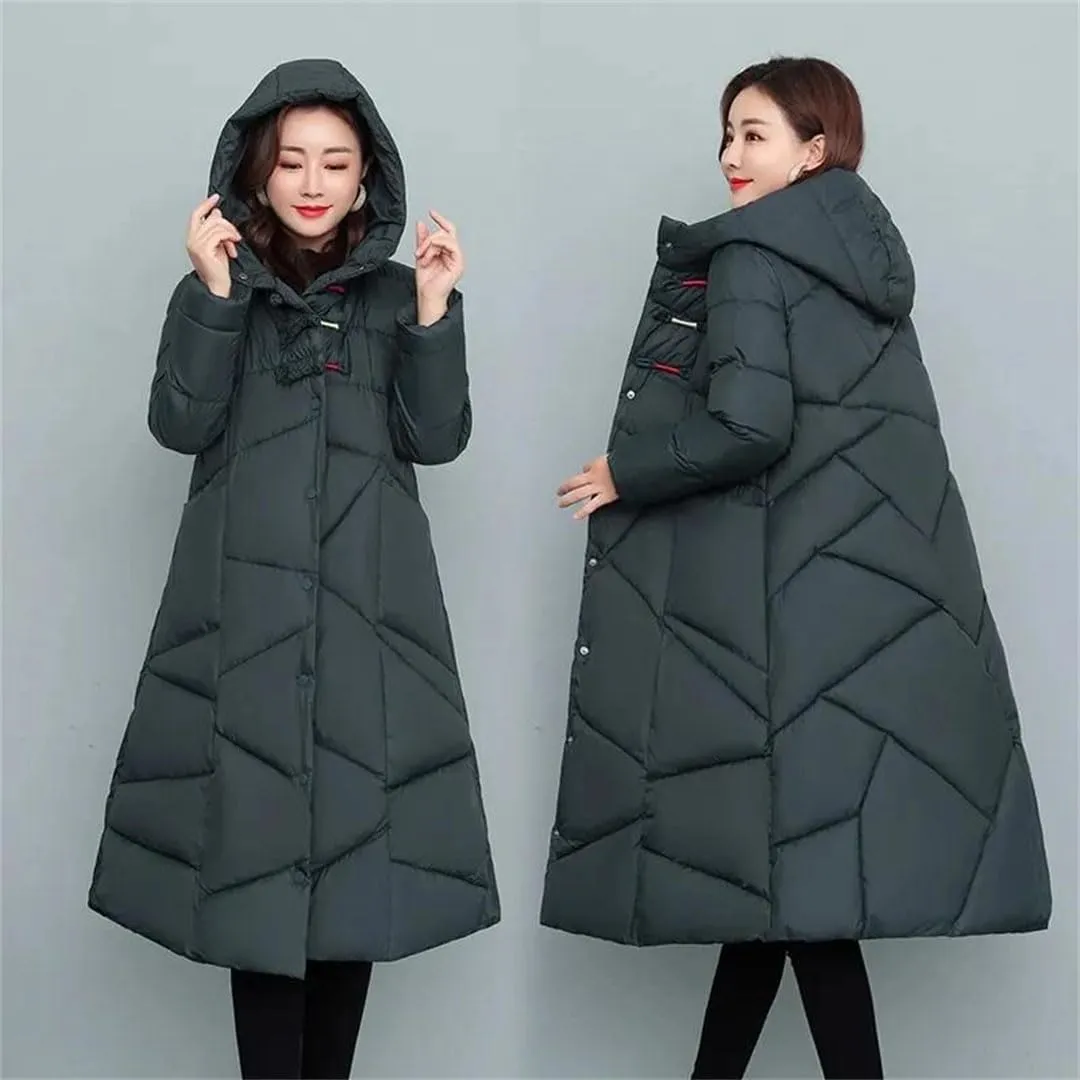 Womens Winter Cotton Padded Coats Long Thicken Warm Puffer Parkas Hooded Down Cotton Coat Padded Overcoat