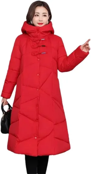 Womens Winter Cotton Padded Coats Long Thicken Warm Puffer Parkas Hooded Down Cotton Coat Padded Overcoat