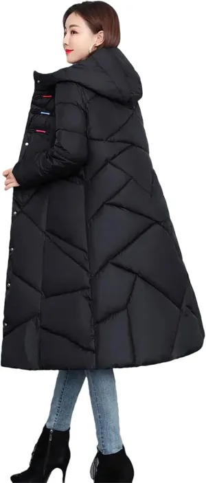 Womens Winter Cotton Padded Coats Long Thicken Warm Puffer Parkas Hooded Down Cotton Coat Padded Overcoat