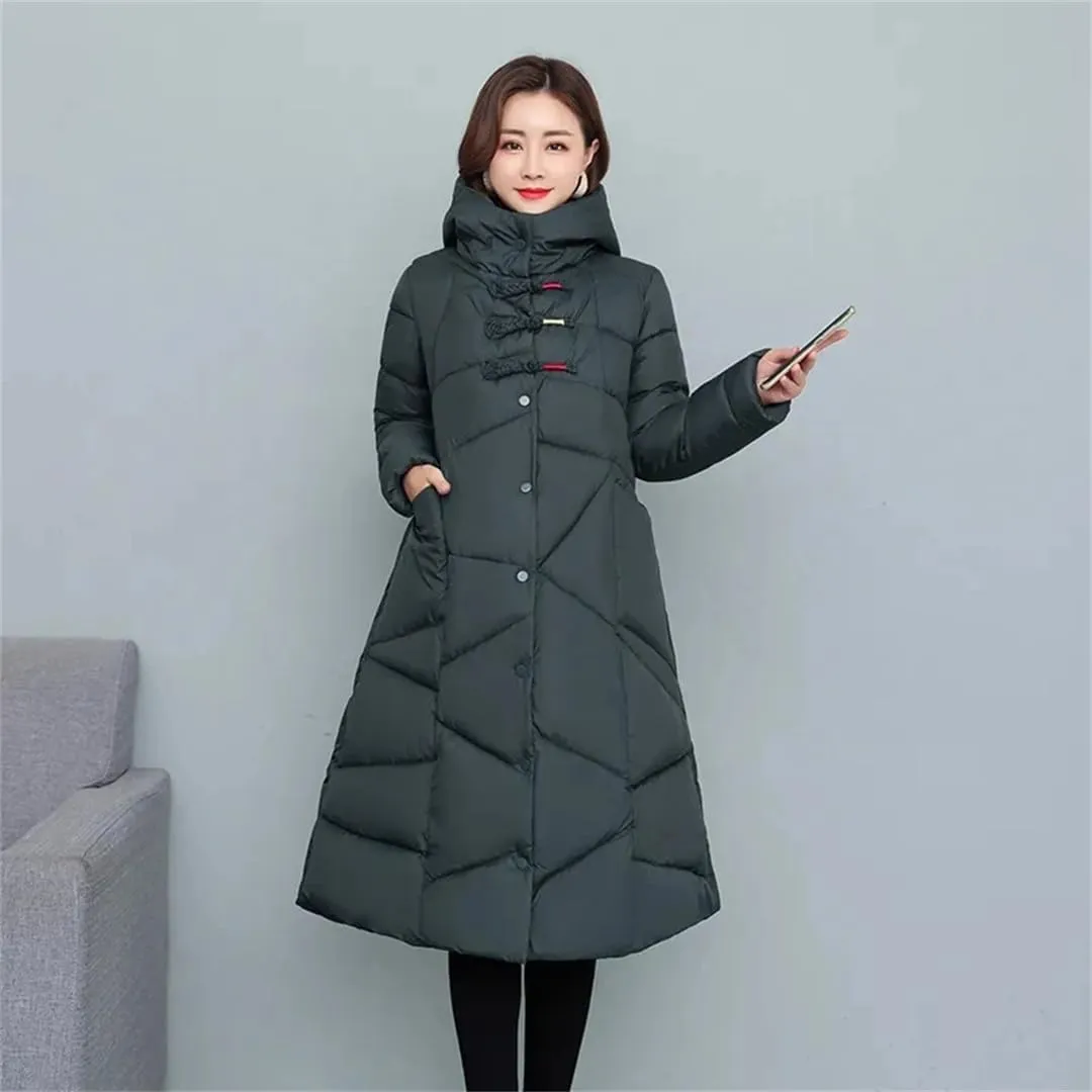 Womens Winter Cotton Padded Coats Long Thicken Warm Puffer Parkas Hooded Down Cotton Coat Padded Overcoat