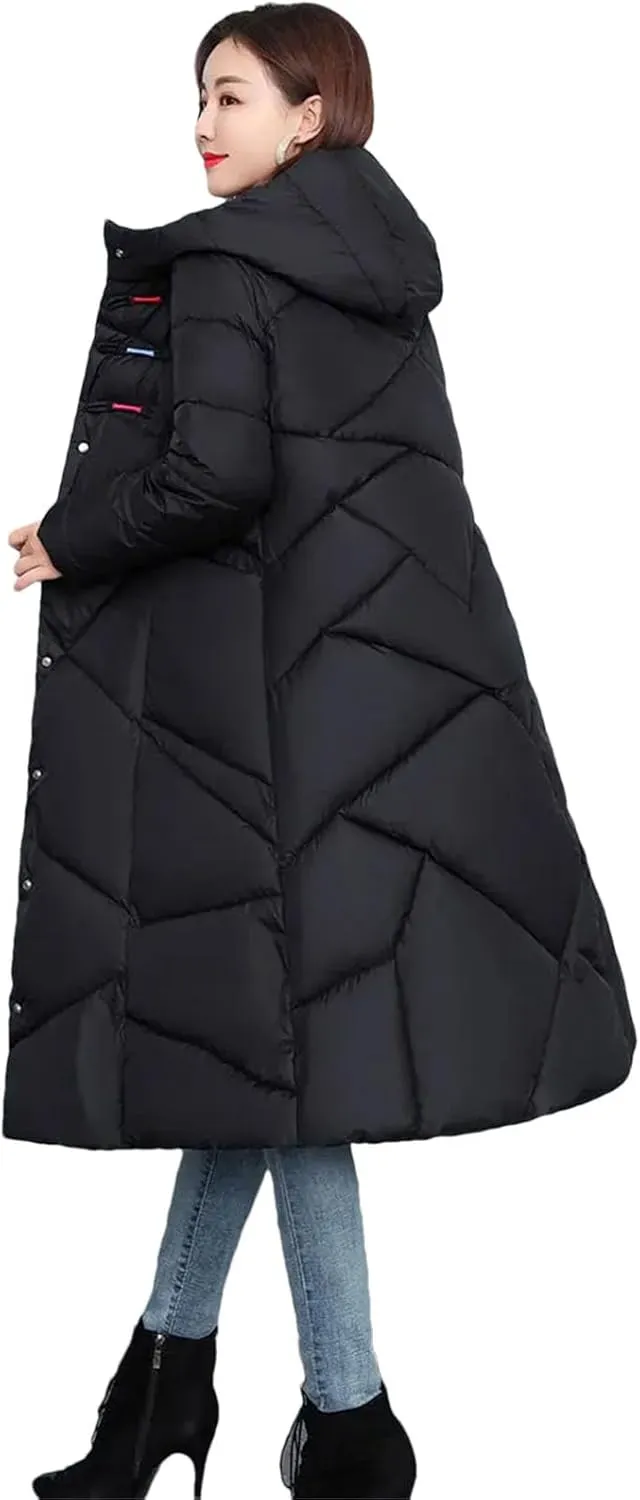 Womens Winter Cotton Padded Coats Long Thicken Warm Puffer Parkas Hooded Down Cotton Coat Padded Overcoat
