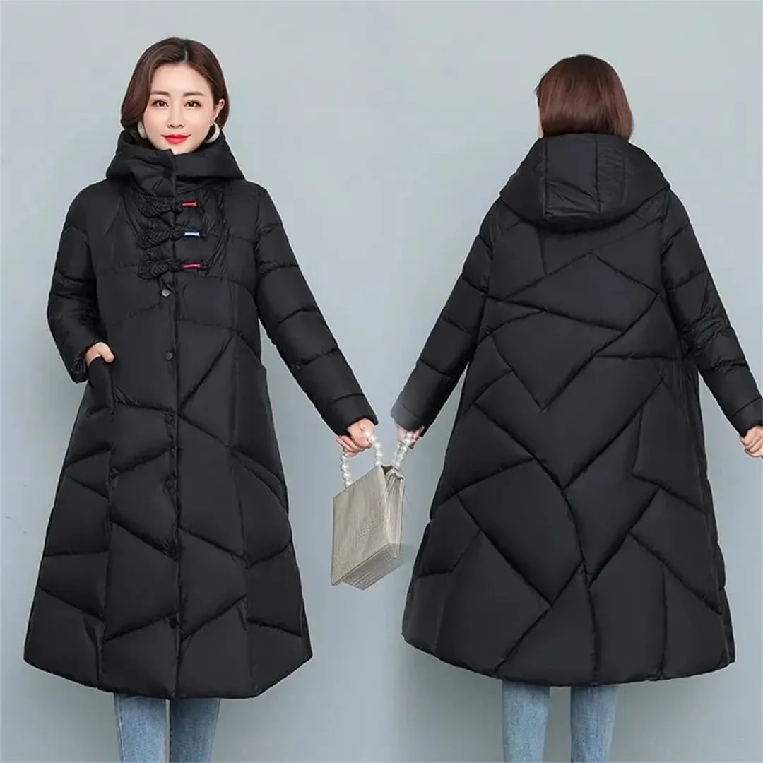 Womens Winter Cotton Padded Coats Long Thicken Warm Puffer Parkas Hooded Down Cotton Coat Padded Overcoat