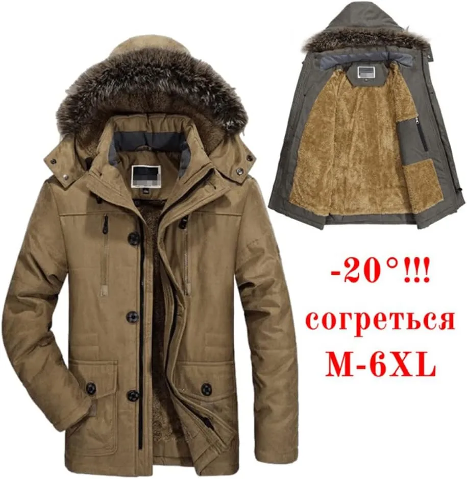 Youllyuu Winter Jacket Men Plus Size Cotton Padded Parka Coat Faux Fur Hood Fleece Long Windbreaker