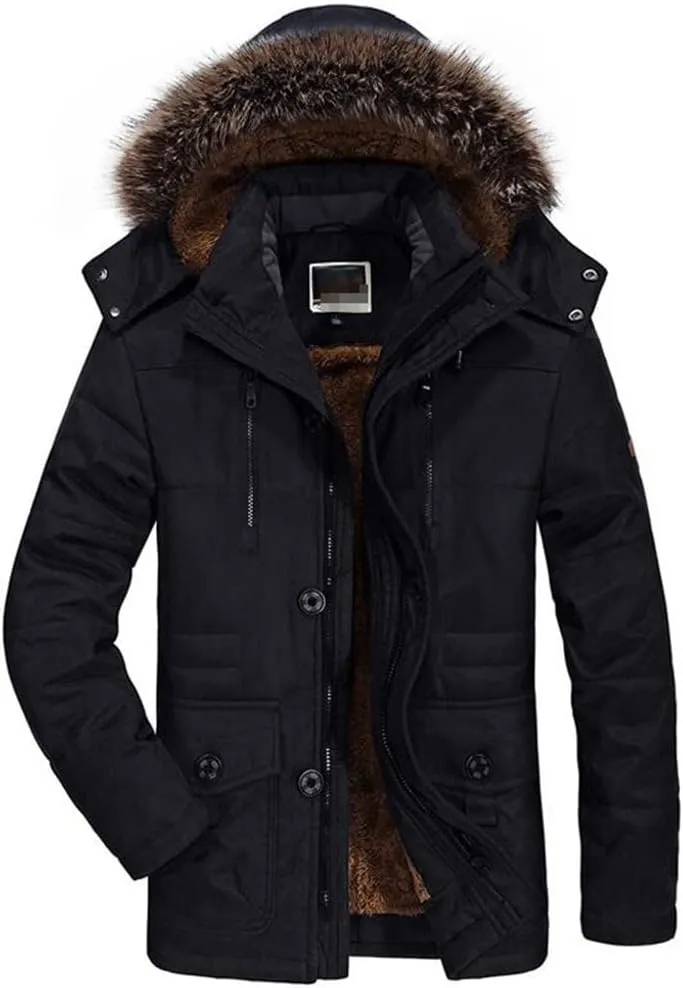 Youllyuu Winter Jacket Men Plus Size Cotton Padded Parka Coat Faux Fur Hood Fleece Long Windbreaker